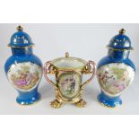 Vienna three handled Vase decorated with panels of classical figures on paw feet,