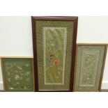 Chinese Silk Panel embroidered with flowers and insects 53cm x 20cm and two other smaller silk