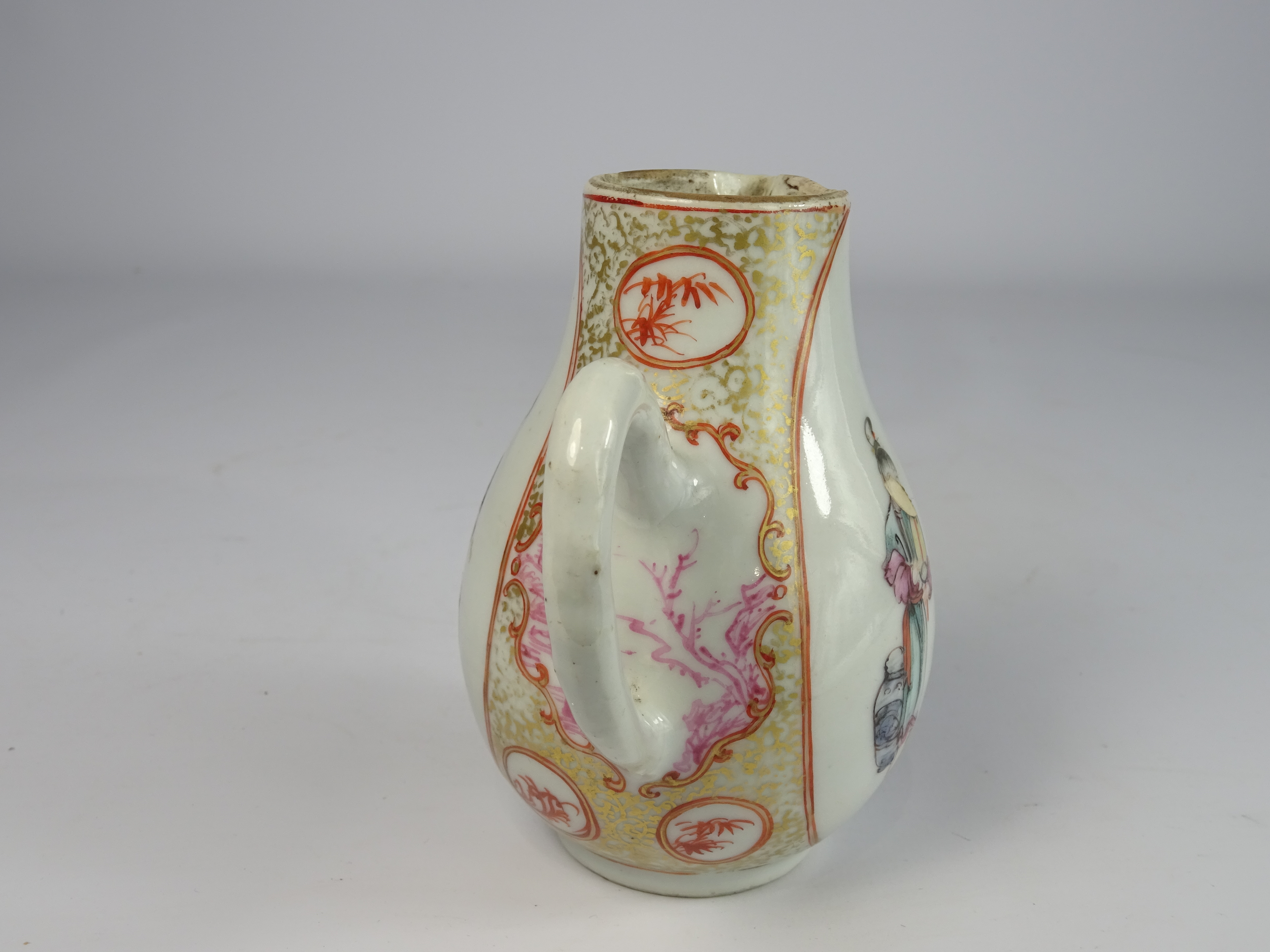 Chinese famille-rose jug decorated with figures and with sparrow beak spout and loop handle, - Image 4 of 7