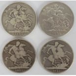 Two George III 1821 Crowns Secundo and two Victoria Jubilee Crowns 1889 and 1892 (4)