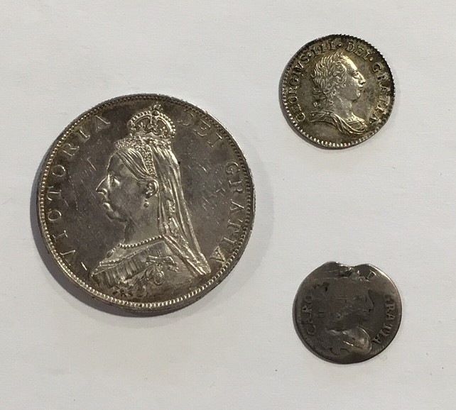 Victorian Jubilee head 1887 Double Florin Roman 1 plus a George III 1784 Maundy 4d and a Charles II