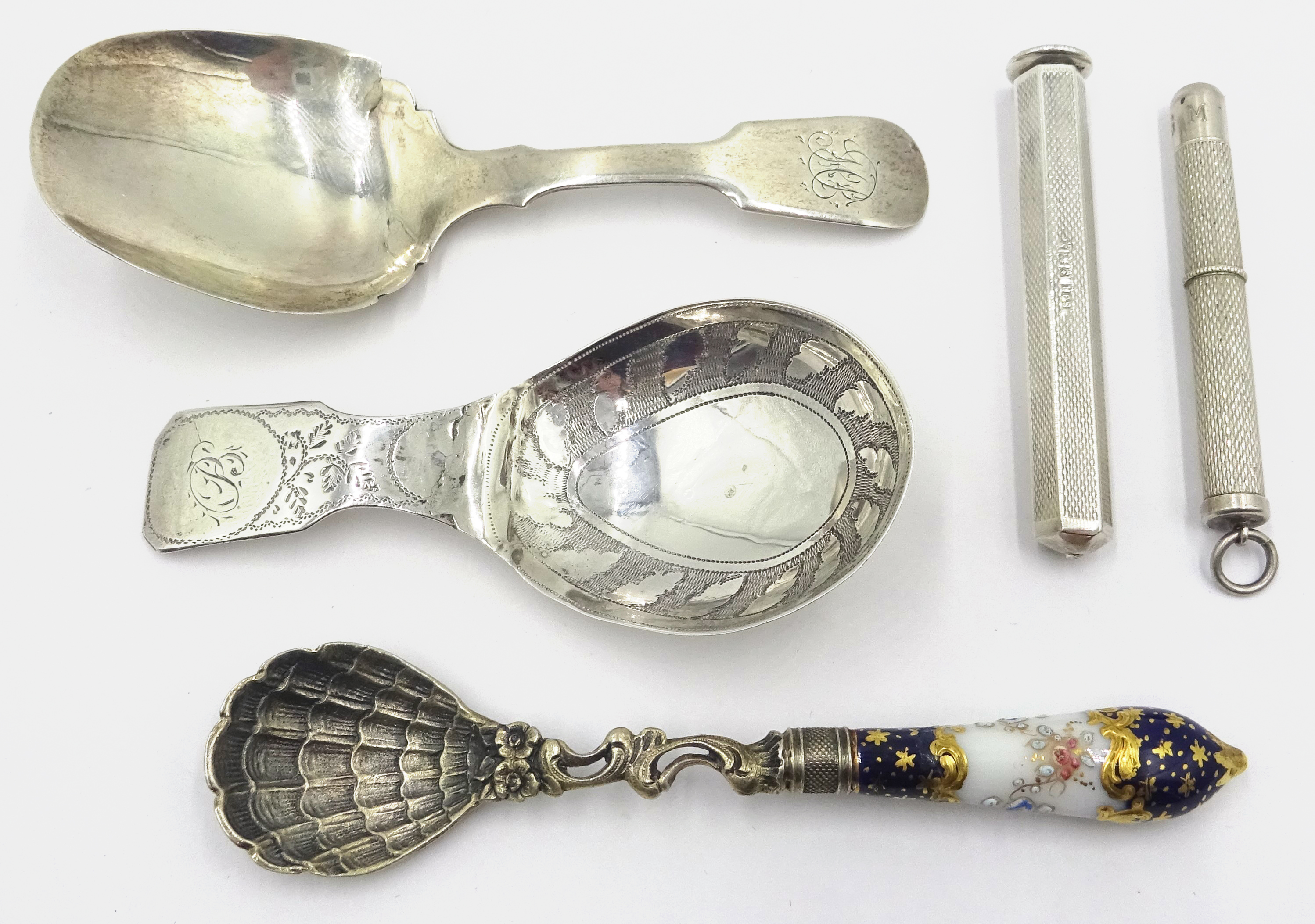 George III silver fiddle pattern caddy spoon with engraved decoration Birmingham 1812 John Thropp,