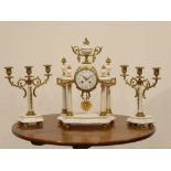 French white marble and gilt metal portico clock garniture,