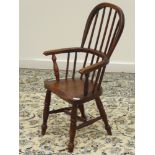 19th century elm and ash child's Windsor armchair, double hoop and stick back, turned supports,