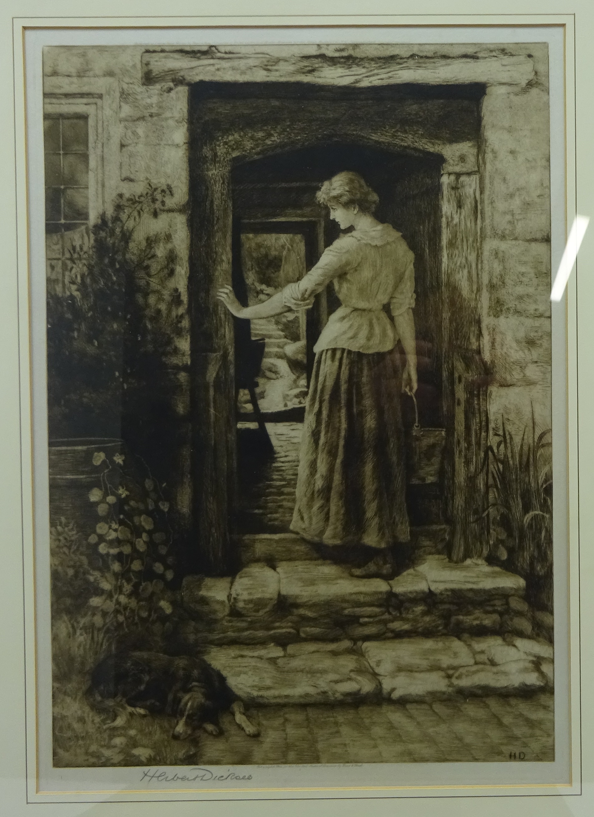 Herbert Thomas Dicksee (British 1862-1942): Lady in a Doorway, drypoint etching signed in pencil,