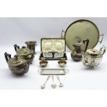 Pair of cut glass lozenge shape butter dishes with silver knives, cased two plated tea pots,