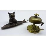 Bronze pen tray in form of cat and a fish,