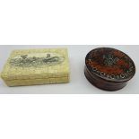 Papier mache circular snuff box, the cover with pique decoration,