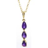 Gold three stone amethyst drop pendant necklace,