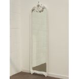 White finish ornate carved wood full length mirror, scrolled cartouche pediment,