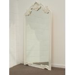 Louis XV style white finish framed bevelled mirror, hand carved with shell and scrolled pediment,