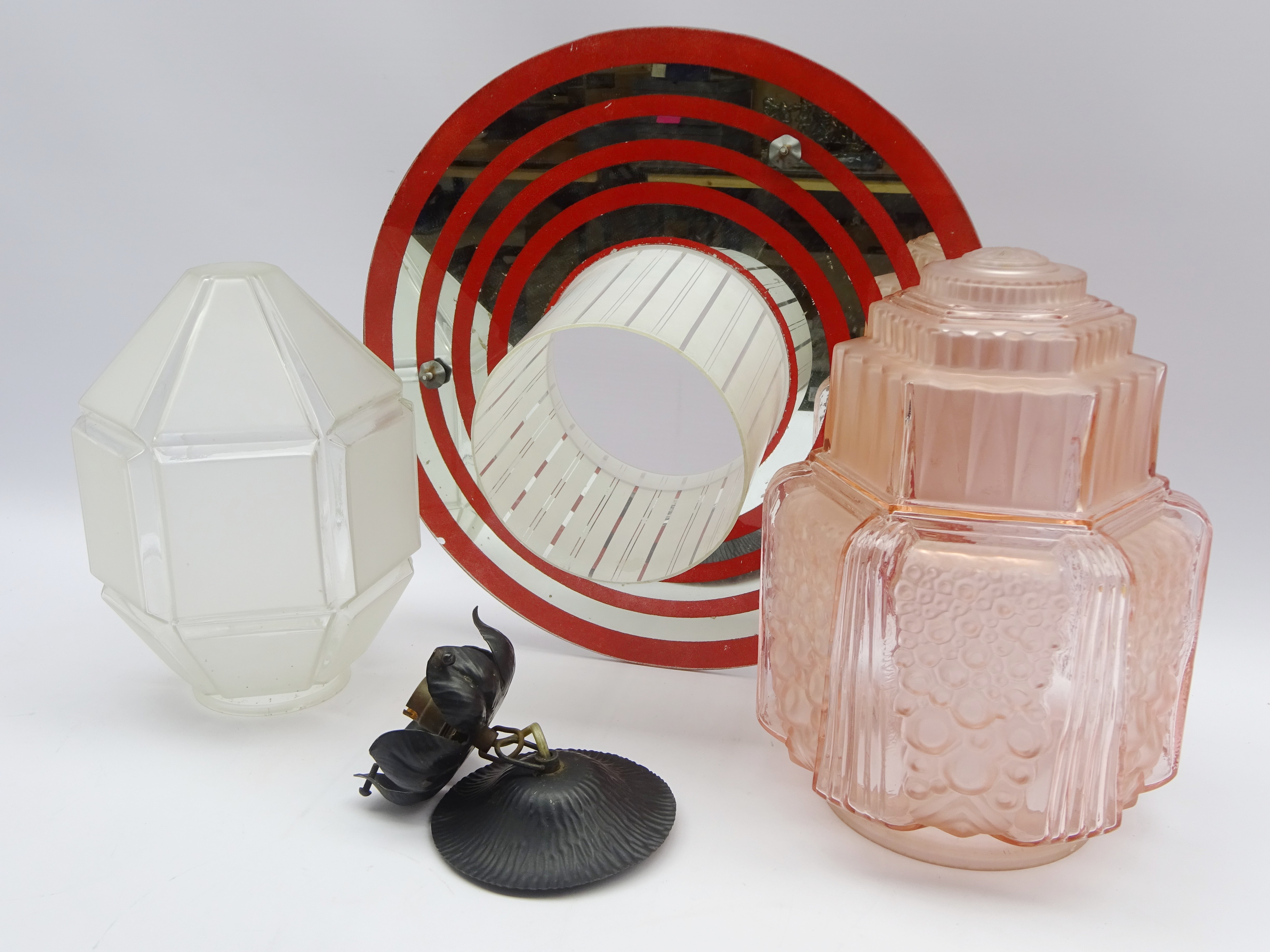 Muller Freres pink glass Art Deco lampshade of panel sided design H30cm and two other glass shades.