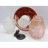 Muller Freres pink glass Art Deco lampshade of panel sided design H30cm and two other glass shades.