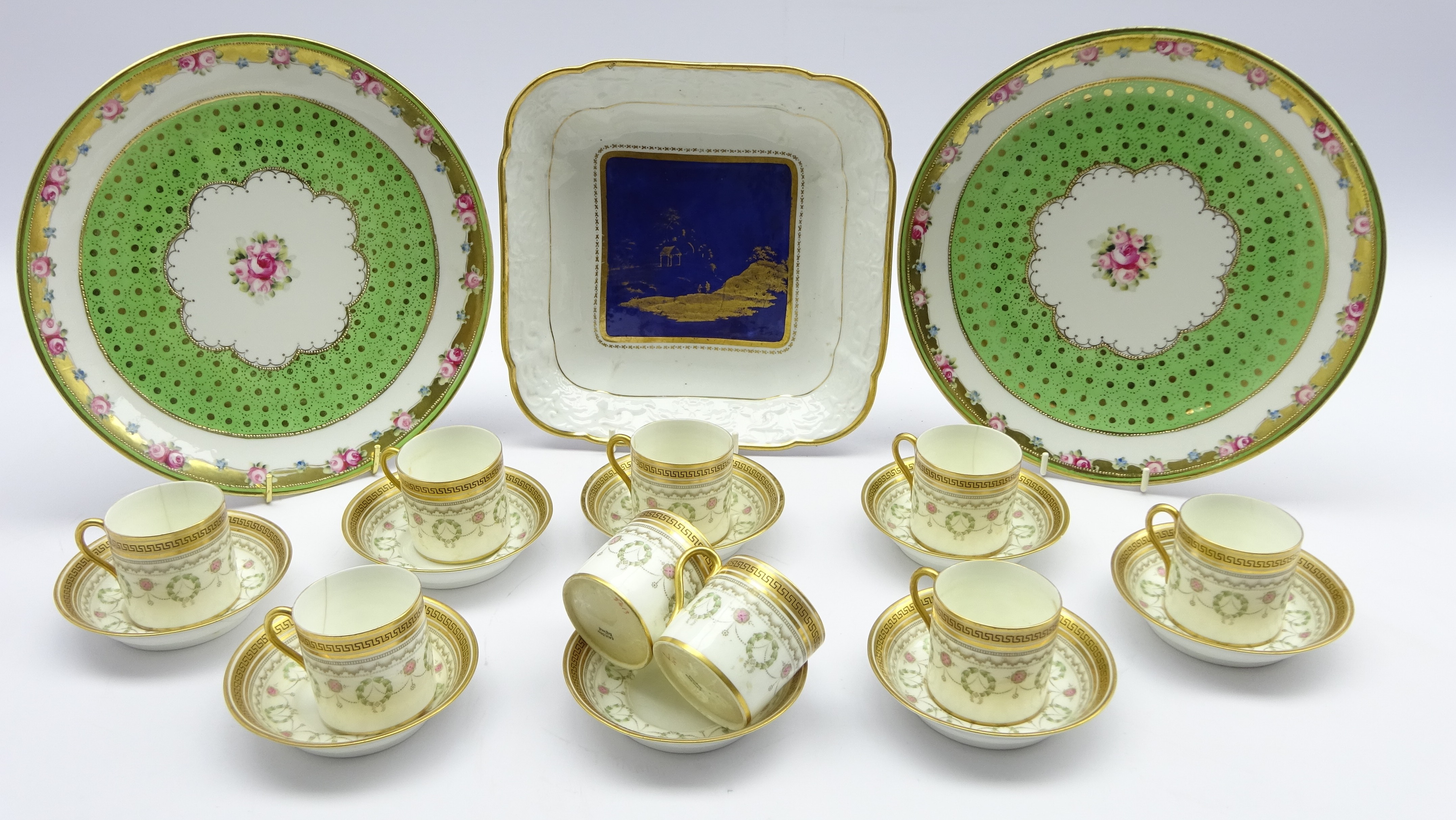 Nine Cauldon coffee cans and eight saucers with key pattern border,