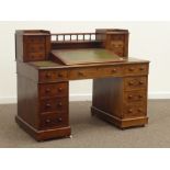 Victorian mahogany twin pedestal desk, raised gallery back with drawers,