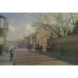Neil Cawthorne: Artist signed limited edition coloured print of Newmarket High street with a string