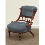 Victorian mahogany framed nursing chair, low seat with spindle back and brass studded upholstery,