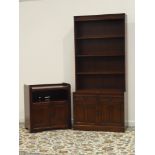 Oak bookcase on cupboard with linenfold carved doors (W92cm, H205cm, D44cm),