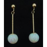 Pair of 9ct gold opal pendant ear-rings,