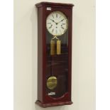 'Hermle' mahogany case wall clock, triple train driven Westminster chiming movement,