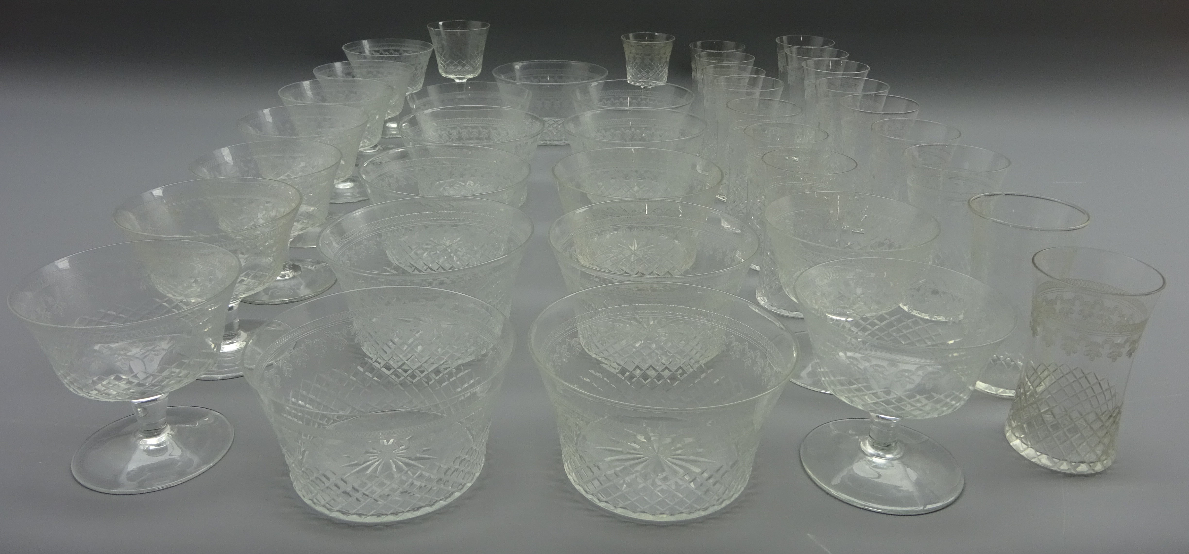 Suite of Edwardian etched drinking glasses including tumblers, wine glasses, sherry, liqueur, - Image 2 of 2