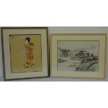 Japanese drawing on silk of geisha 39cm x 32cm and oriental watercolour of river landscape 33cm x