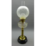 Victorian brass oil lamp with Corinthian column, cut glass reservoir,