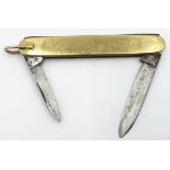 9ct gold penknife, two steel blades by Sampson Mordan & Co, Chester 1906, 7.