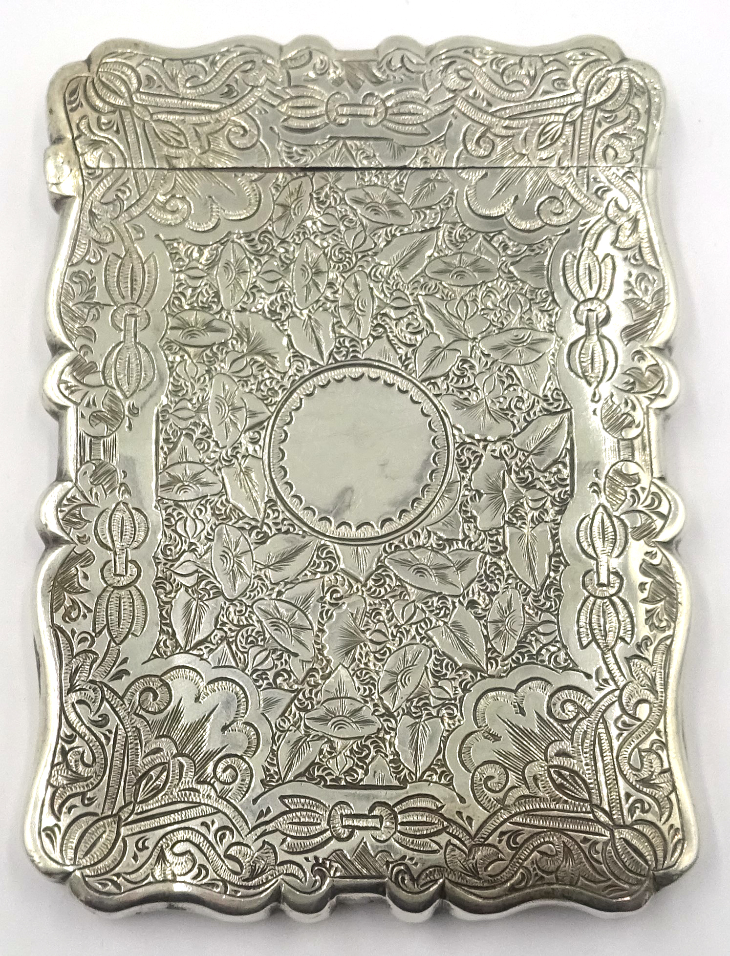 Victorian silver card case all-over engraved decoration, makers mark R.
