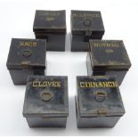Set of six 19th century toleware spice boxes each of square form with gilt lettering,