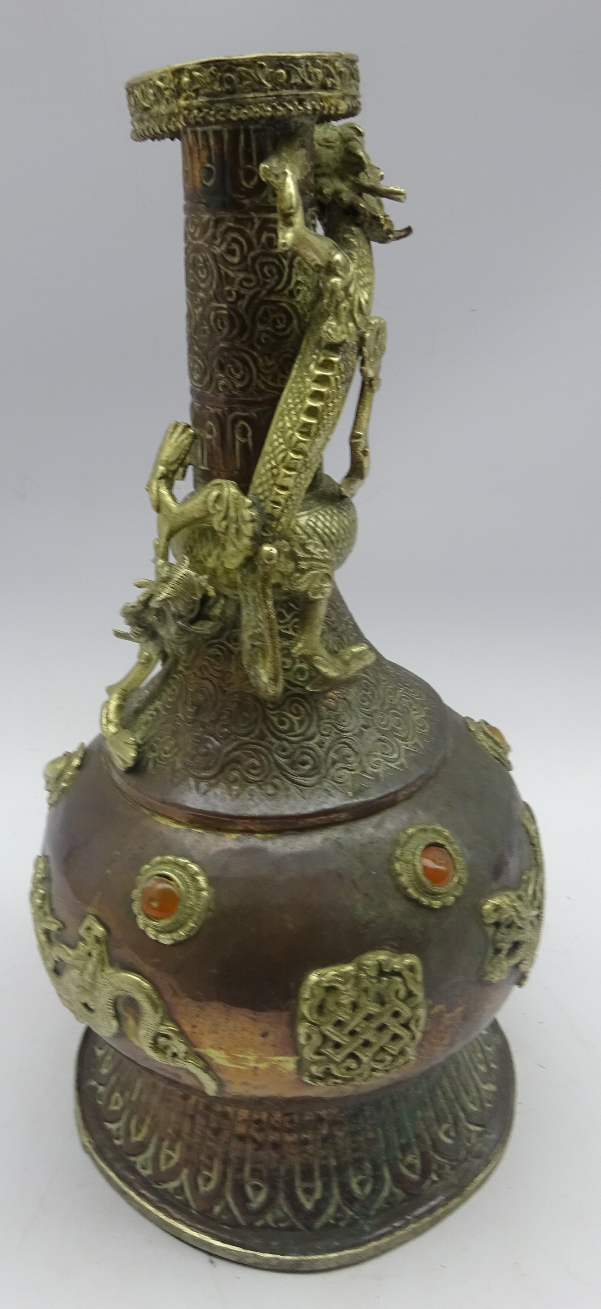 Japanese bronze panel sided vase with dragon head handles, rosette and key panel decoration,