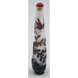 Chinese overlaid amethyst glass snuff bottle decorated with birds and trees and with ivory spoon H