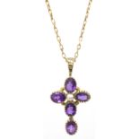 Amethyst and seed pearl cross pendant on gold chain necklace hallmarked 9ct Condition