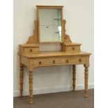 Late 19th century waxed pine dressing table, raised mirror back with trinket drawers,