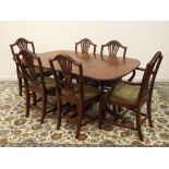 Regency style crossbanded mahogany twin pillar dining table with leaf (H74cm, 99cm x 161cm - 214cm),