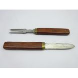 Campaign knife and fork in wooden case,
