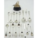 Collection of hallmarked silver spoons approx 10oz and a Maltese silver model of a sailing boat