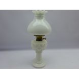 Table oil lamp with moulded white glass reservoir and base and with crimped shade H 56cm