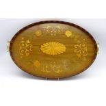 Edwardian mahogany oval two handled gallery tray inlaid with flowers and trailing leaves with oval