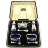 Silver five piece cruet, plus spoons cased by Docker & Burn Birmingham 1929 approx 6.