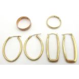 Two pairs 9ct gold hoop ear-rings and two gold bands hallmarked 9ct,
