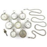 Eight Victorian and 19th century continental silver fob watches and hallmarked silver muff chain