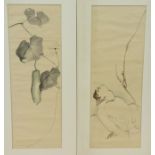 19th Century Japanese watercolour on paper of a duck and another of water lillies each 66cm x 23cm
