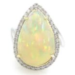 18ct white gold pear shaped opal and diamond cluster ring, stamped 750, opal 4.