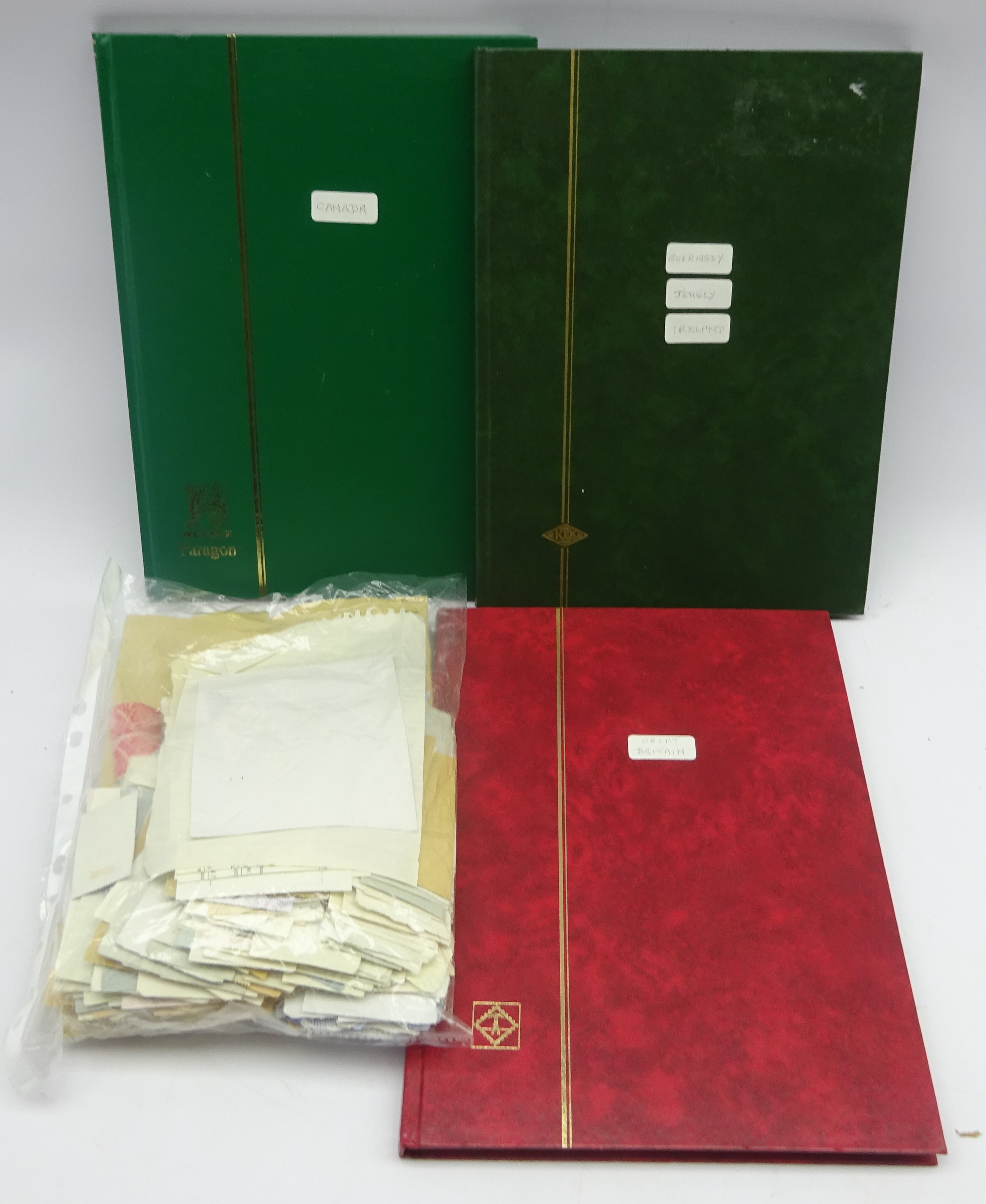 Guernsey, Jersey, Ireland, Canada and GB stamps in three albums and loose stamps.