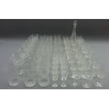 Suite of Edwardian etched drinking glasses including tumblers, wine glasses, sherry, liqueur,