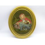 Victorian petit point and bead work oval depicting Little Red Riding Hood and wolf in gilt frame,