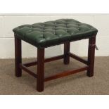 Reproduction stained beech framed footstool, upholstered in green buttoned leather,