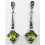 Pair of peridot and marcasite pendant ear-rings,