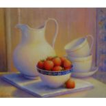 Trisha Hardwick (British 1949) Strawberries and white china oil on canvas signed, inscribed verso,
